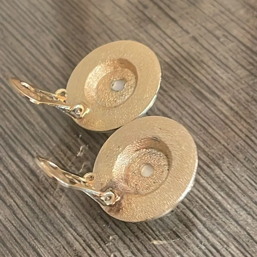 Vintage Button Clip Earrings, Black Enamel and Mother of Pearl Center